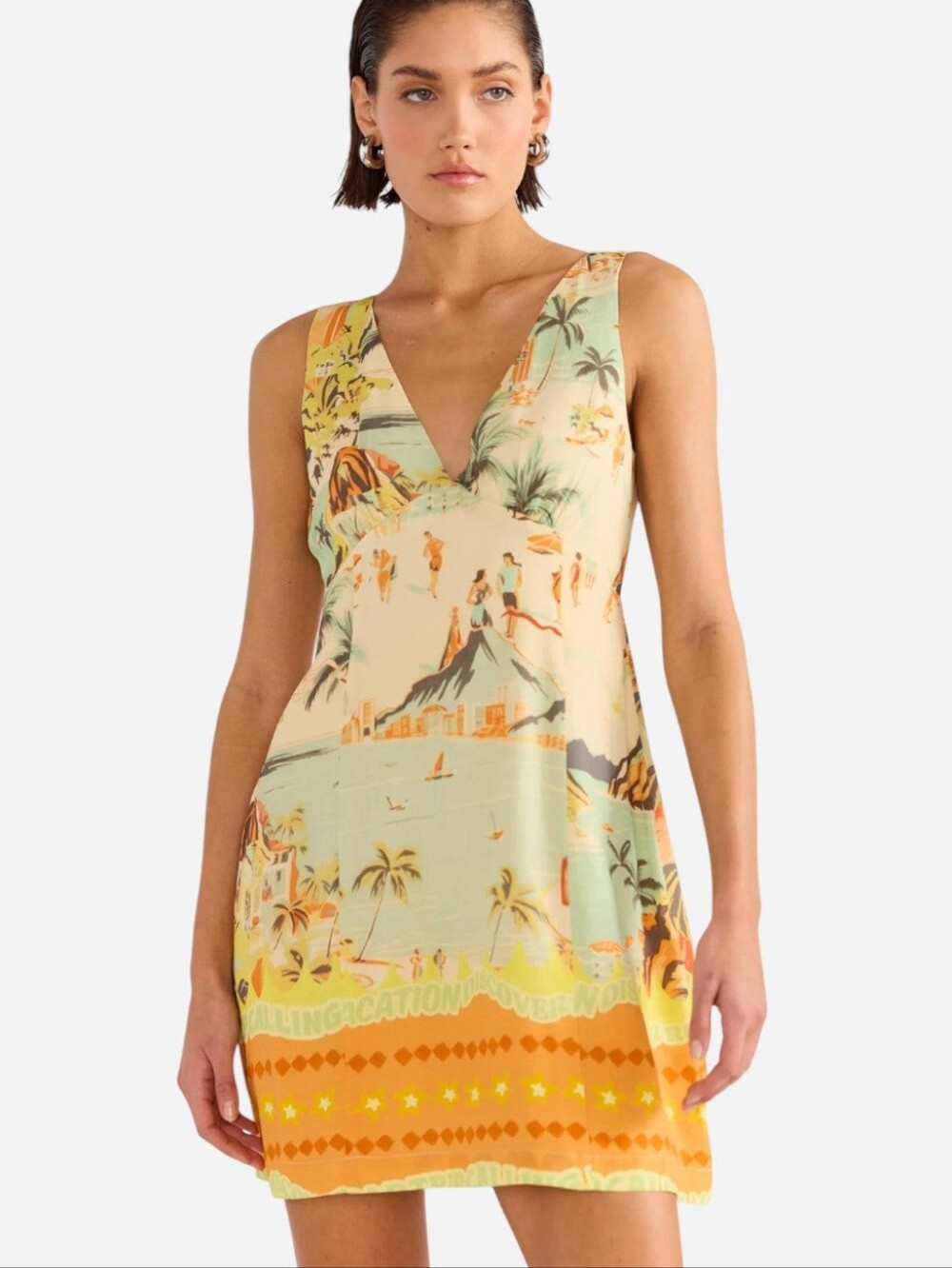 MINKPINK Backless Tropical V-Neck Mini Dress in Yellow and Orange